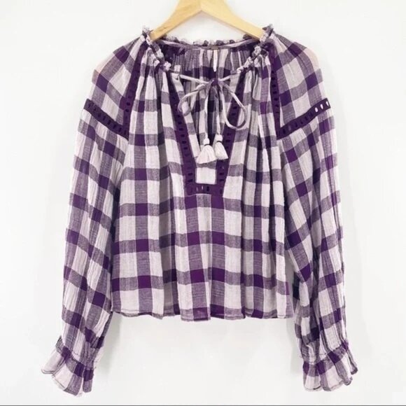 Free People Honey Grove Plaid Blouse Long Sleeve Flowy Boho Top Purple - Picture 5 of 8